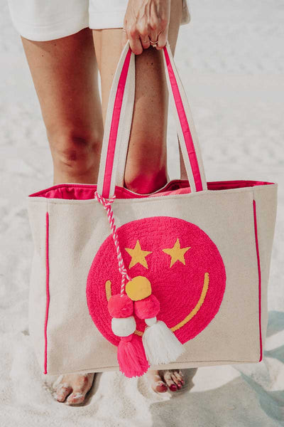Hot Pink Star Eye Happy Face Canvas Tote Bag | Katydid.com