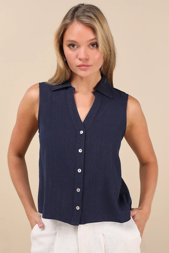 Casual Contentment Navy Linen Button-Up Collared Tank Top | Lulus