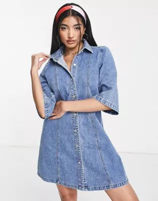 Monki denim mini shirt dress in blue | ASOS (Global)