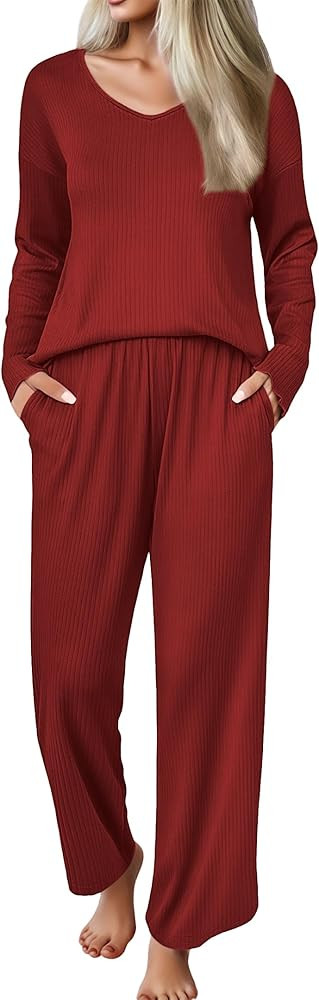 Ekouaer Womens Pajama Set Ribbed Knit PJs 2 Piece Lounge Set Long Sleeve Top and Pants Comfy Slee... | Amazon (US)