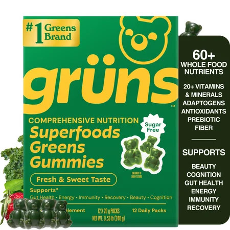 Gruns Adult Superfood Greens Gummies, Sugar-Free, 21 Vitamins & Minerals, Prebiotics Fiber for Digestion, Adaptogens, Spirulina Chlorella, 12 Servings | Walmart (US)