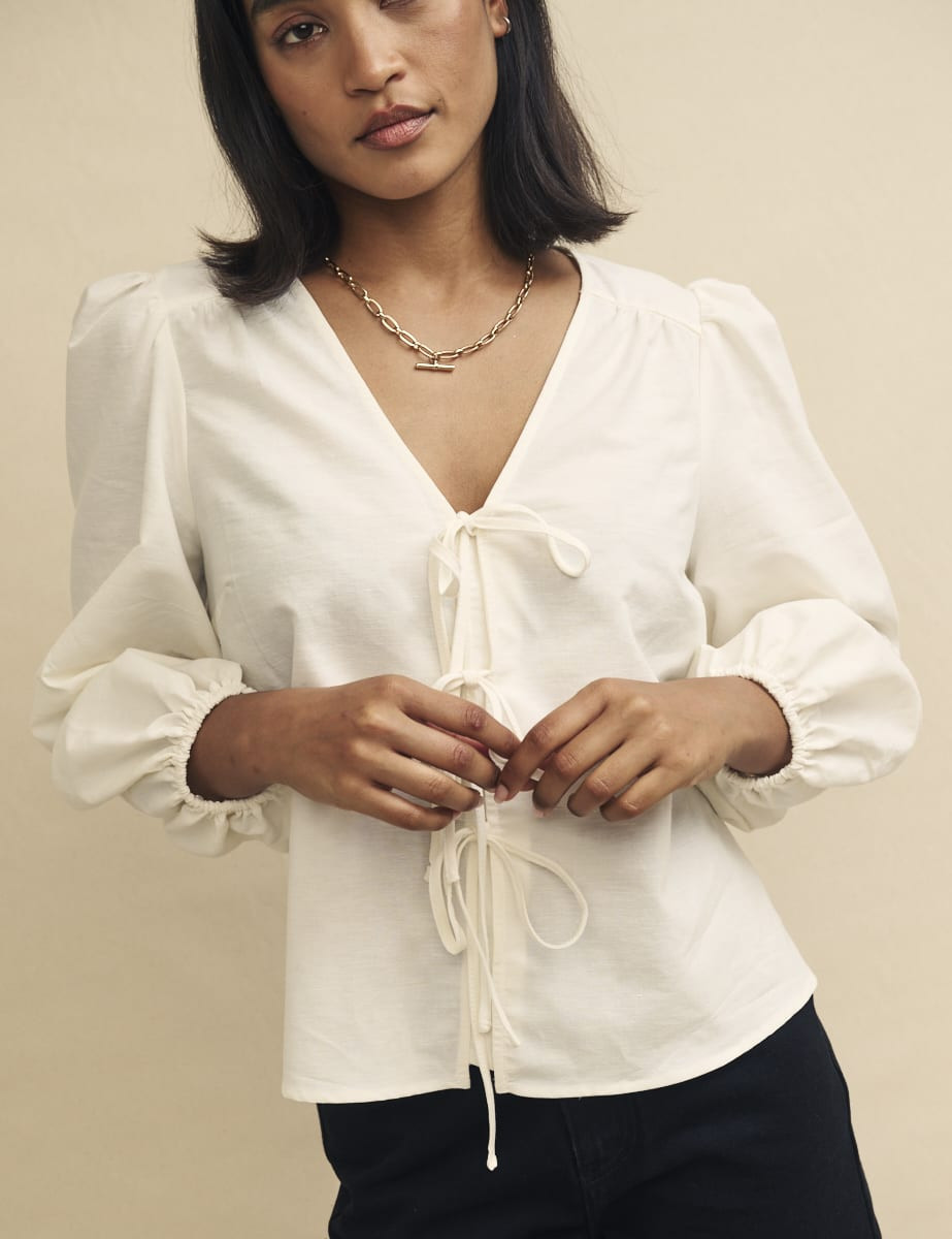 Cream Linen-blend Tie Front Blouse | Nobody's Child