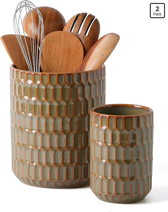 Utensil Holder, 7.5"+5.3" Ceramic Kitchen Utensil Holder for Countertop, Large Cooking Utensil Cr... | Amazon (US)