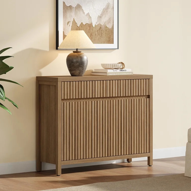 SICOTAS 42.2" W Mid-Century Modern Sideboard Cabinet with 2 Large Drawers & 3 Doors, Fluted Buffe... | Walmart (US)