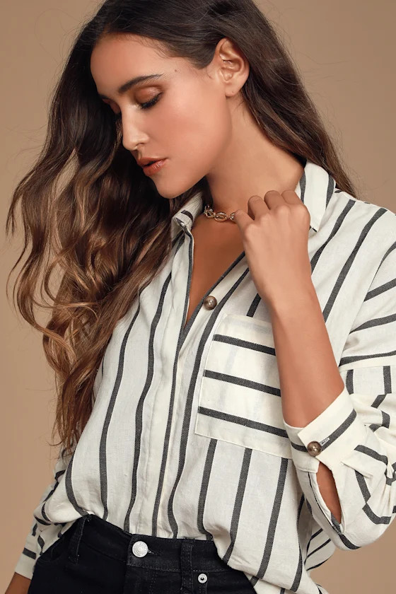 Amelia Dawn Off-White Striped Long Sleeve Button-Up Top | Lulus (US)