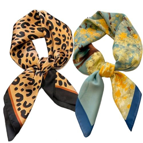 Rcrawica Silk Feeling Bandana Scarf for Women Head Hair Neck Satin Scarves Wraps 27.5" Handbag Accessories Western Scarves (16 Leopard Print/Navy Blue) | Amazon (US)