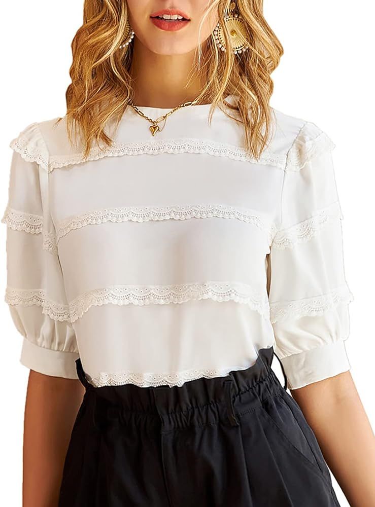 GRACE KARIN Women's Work Business Blouse Casual Puff Short Sleeve Shirts Lace Tops Loose Fit Eleg... | Amazon (US)