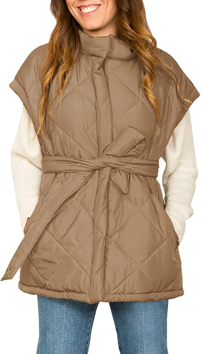 Jeanewpole1 Women's Padded Puffy Vest Stand Collar Sleeveless Zip Gilet with Belt | Amazon (US)
