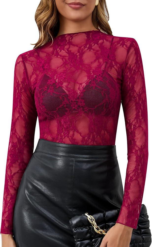 KTILG Womens Mesh Long Sleeve Top Sheer Blouse Sexy See Through Tee Shirt Lace Tops S-XXL | Amazon (US)