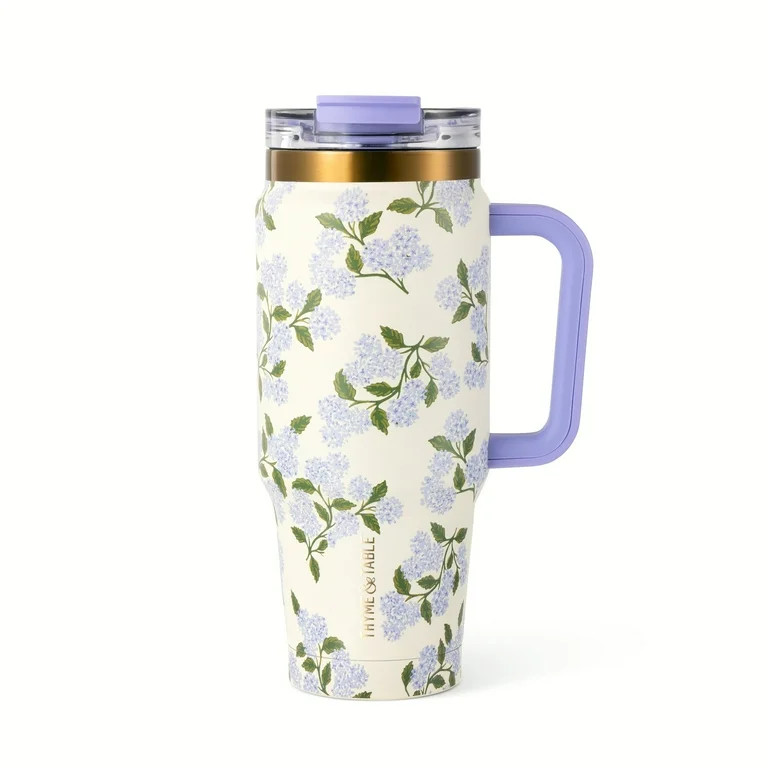 Thyme & Table 32oz Tumbler with Handle, Dual Straw Lid, Stainless Steel Double Wall, Hydrangeas | Walmart (US)