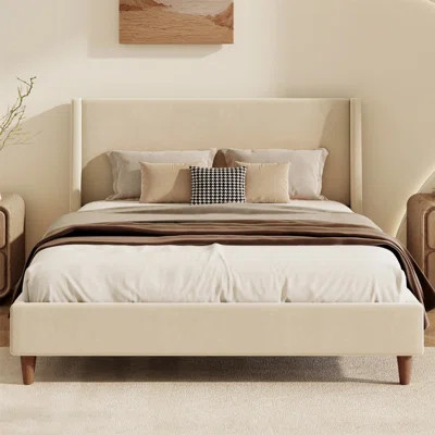 Modern Upholstered Platform Bed With Wingback Headboard And Wooden Legs | Wayfair North America