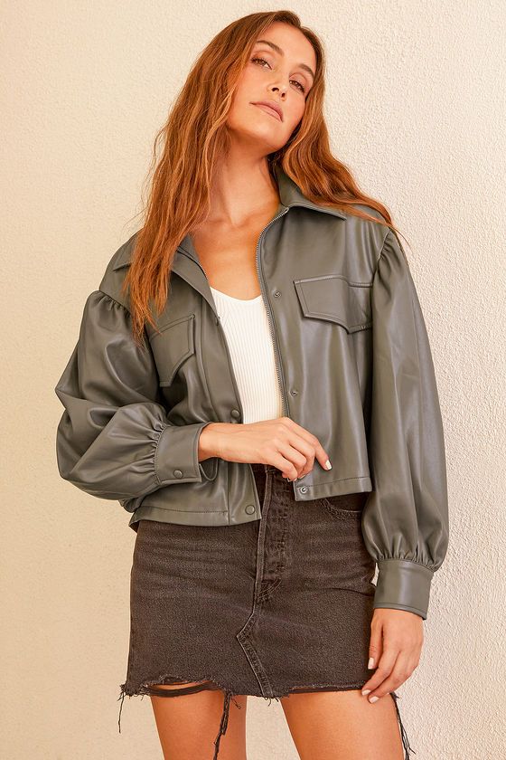 Love on Crop Olive Green Vegan Leather Cropped Shirt Jacket | Lulus (US)