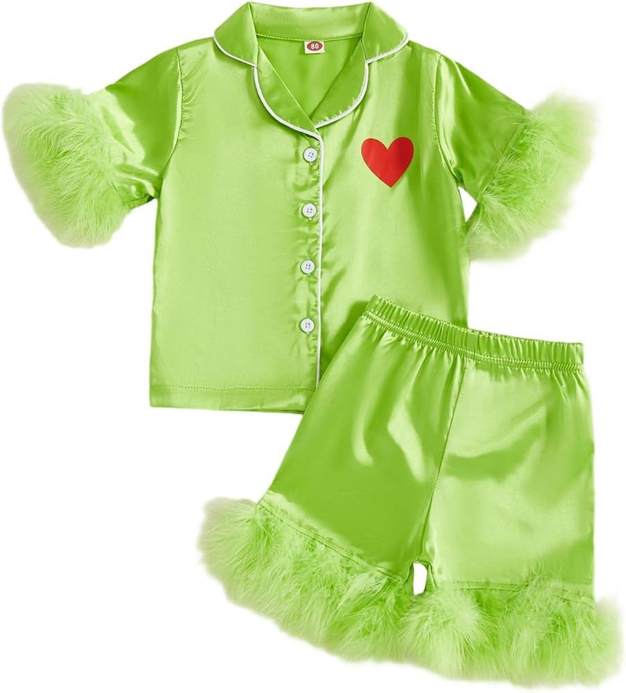 Toddler Kids Girl Christmas Pajamas Baby Green Satin Silk Button Down Shirts Jammies Xmas Matchin... | Amazon (US)