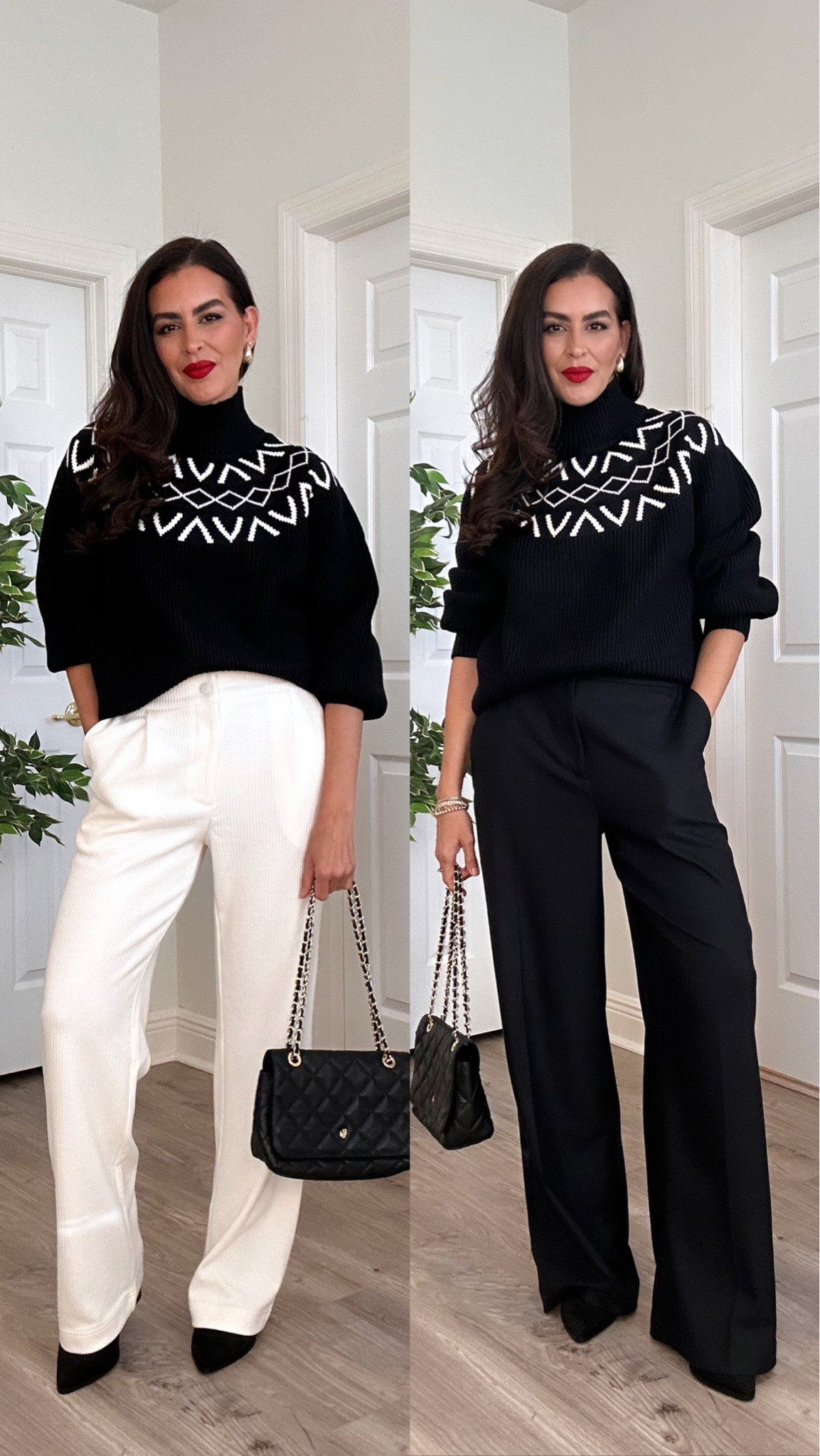 ‼️Sizing and details below⬇️
Wearing a size medium in the sweater for an oversized fit.
Size M x 32” in black pants. I should have taken a small.
Size S in cream pants. Tts, and super soft.
Shoes are tts. 
Lipstick is feels so grand. #LTKHoliday 

#LTKSeasonal #LTKOver40 #LTKTravel