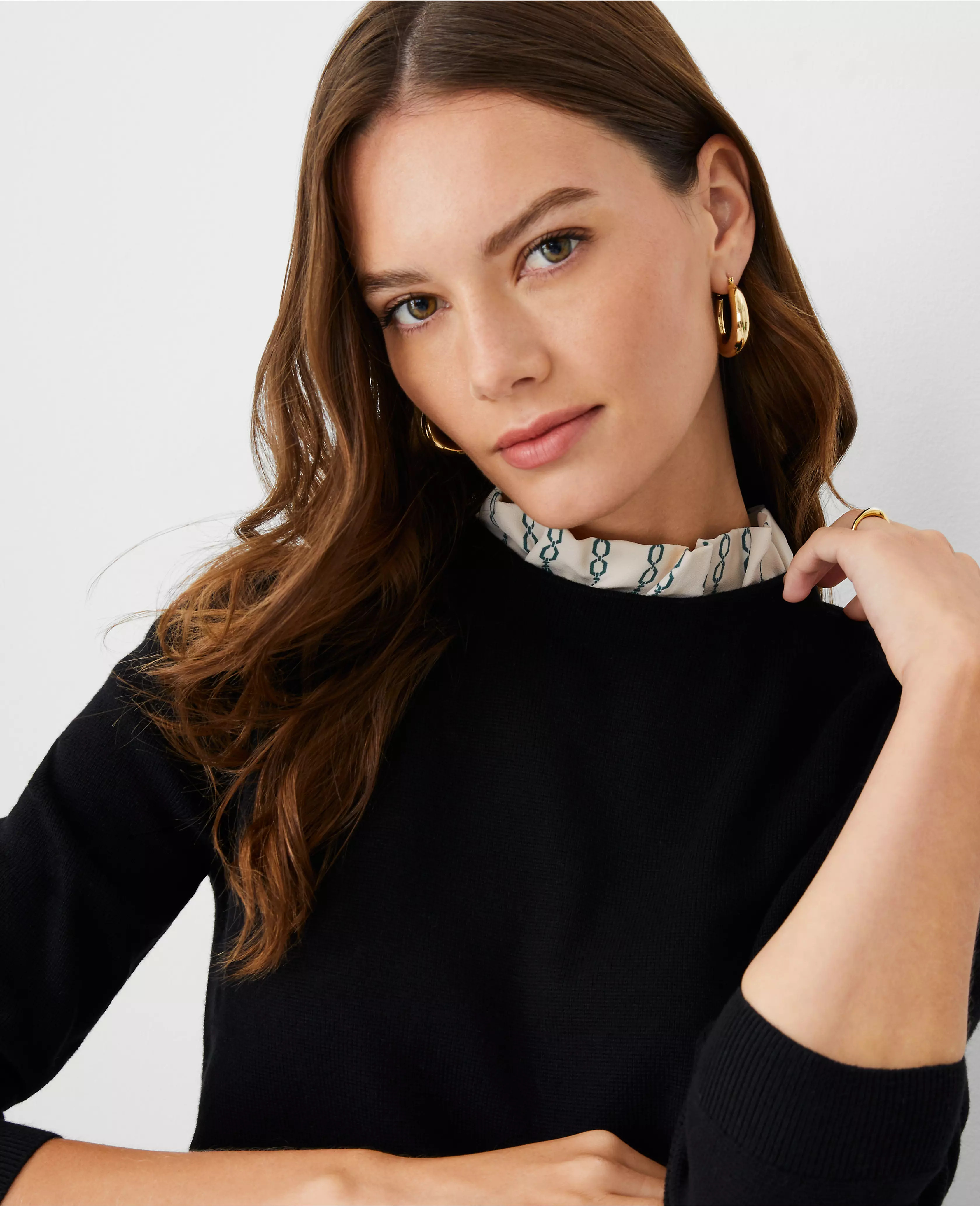 Chain Print Ruffle Neck Mixed Media Sweater | Ann Taylor (US)