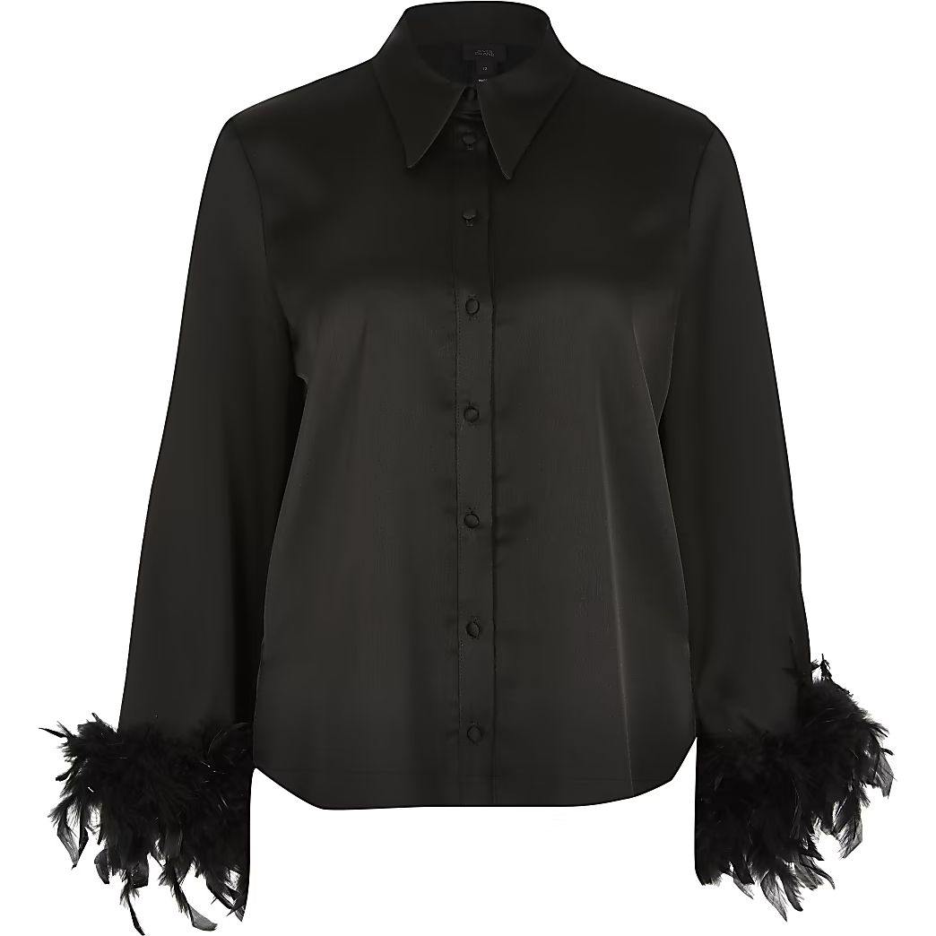 Black feather cuff pyjama shirt | River Island (US)