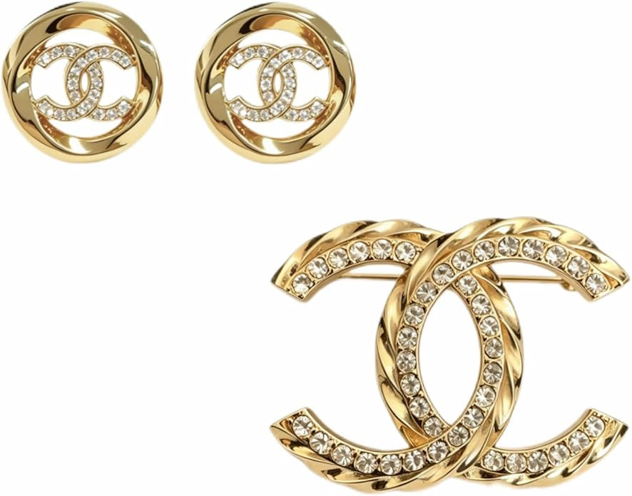 Gold Tone Interlocking Crystal Rhinestone Jewelry Set, Sparkly Hollow Brooch Pin + Matching Stud ... | Amazon (US)