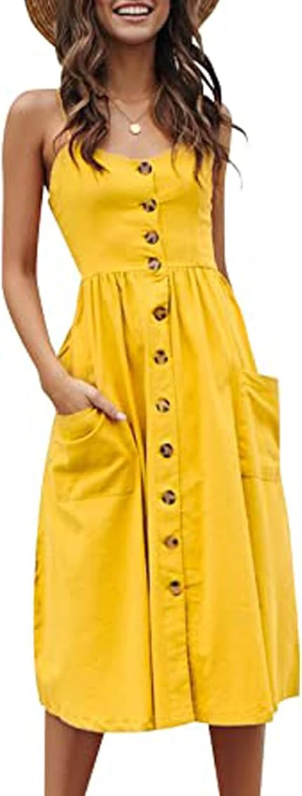 Halife Womens Summer Dresses Casual Spaghetti Strap Floral Button Down Swing Midi Dress with Pockets | Amazon (US)