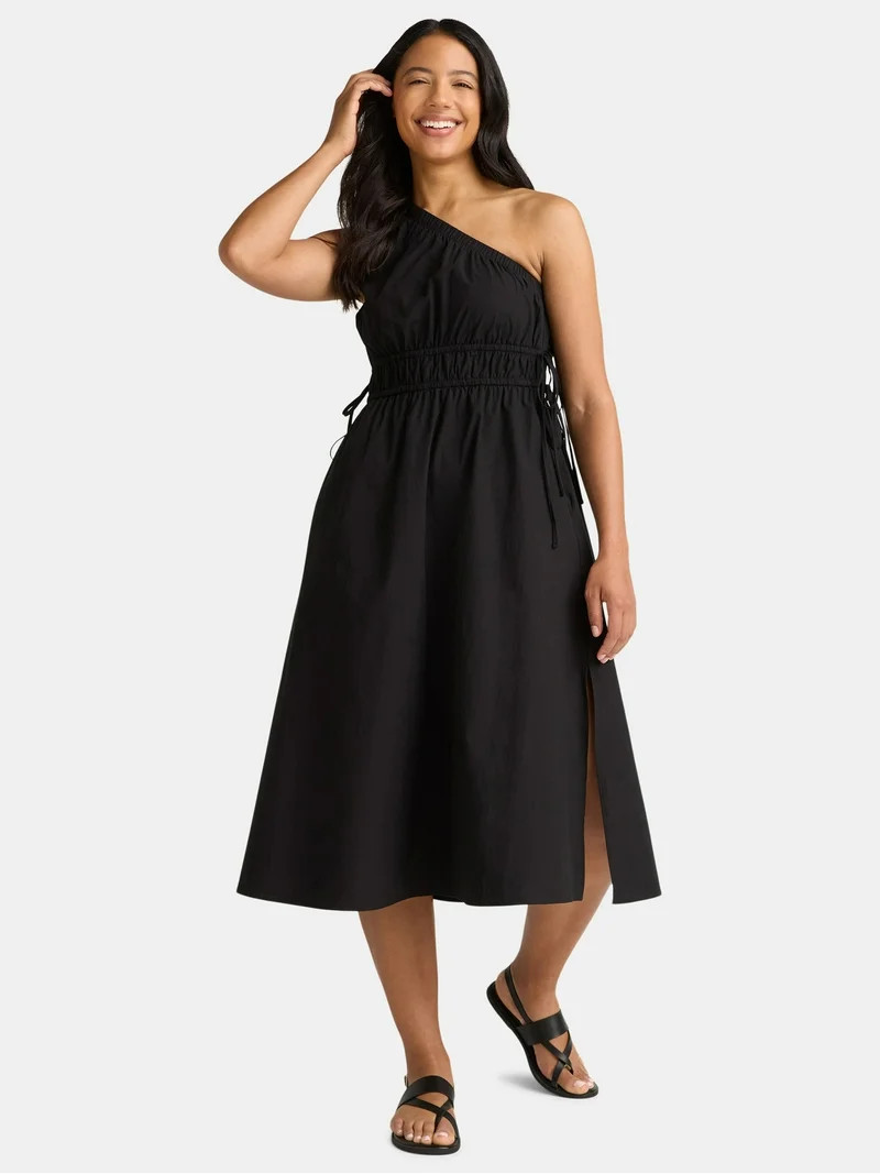 Time and Tru Women's One Shoulder Cotton Midi Dress, Sizes XS-XXXL | Walmart (US)