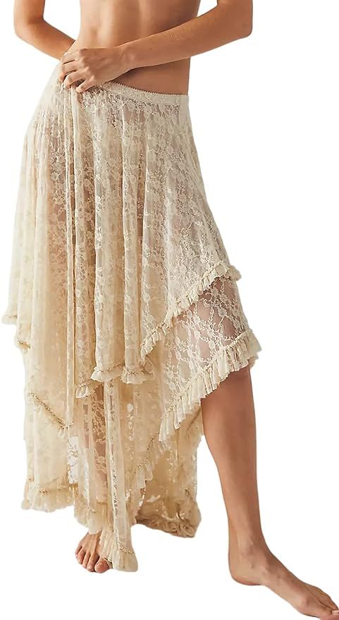 R.Vivimos Women Lace Long Skirts Summer Elastic Asymmetrical Layered Hem Sexy See-Through Beach F... | Amazon (US)