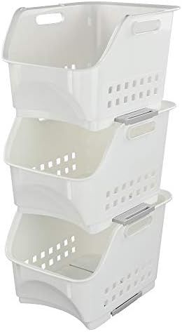 Nicesh Plastic Stacking Bins, Stackable Storage Basket Trays, White, Set of 3 | Amazon (US)