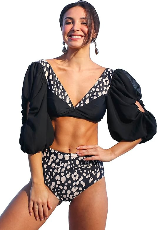 SPORLIKE Women Ruffle High Waist Swimsuit Two Pieces Push Up Tropical Print Bikini | Amazon (US)