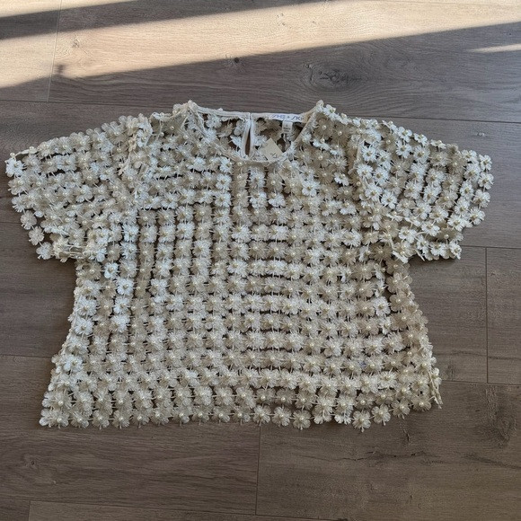 NWT She+Sky Champagne Lurex Crochet Pearl top - size large | Poshmark