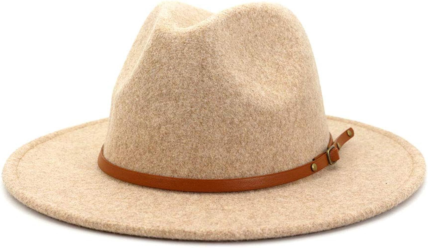 Women Belt Buckle Wool Wide Brim Fedora Hat | Amazon (US)