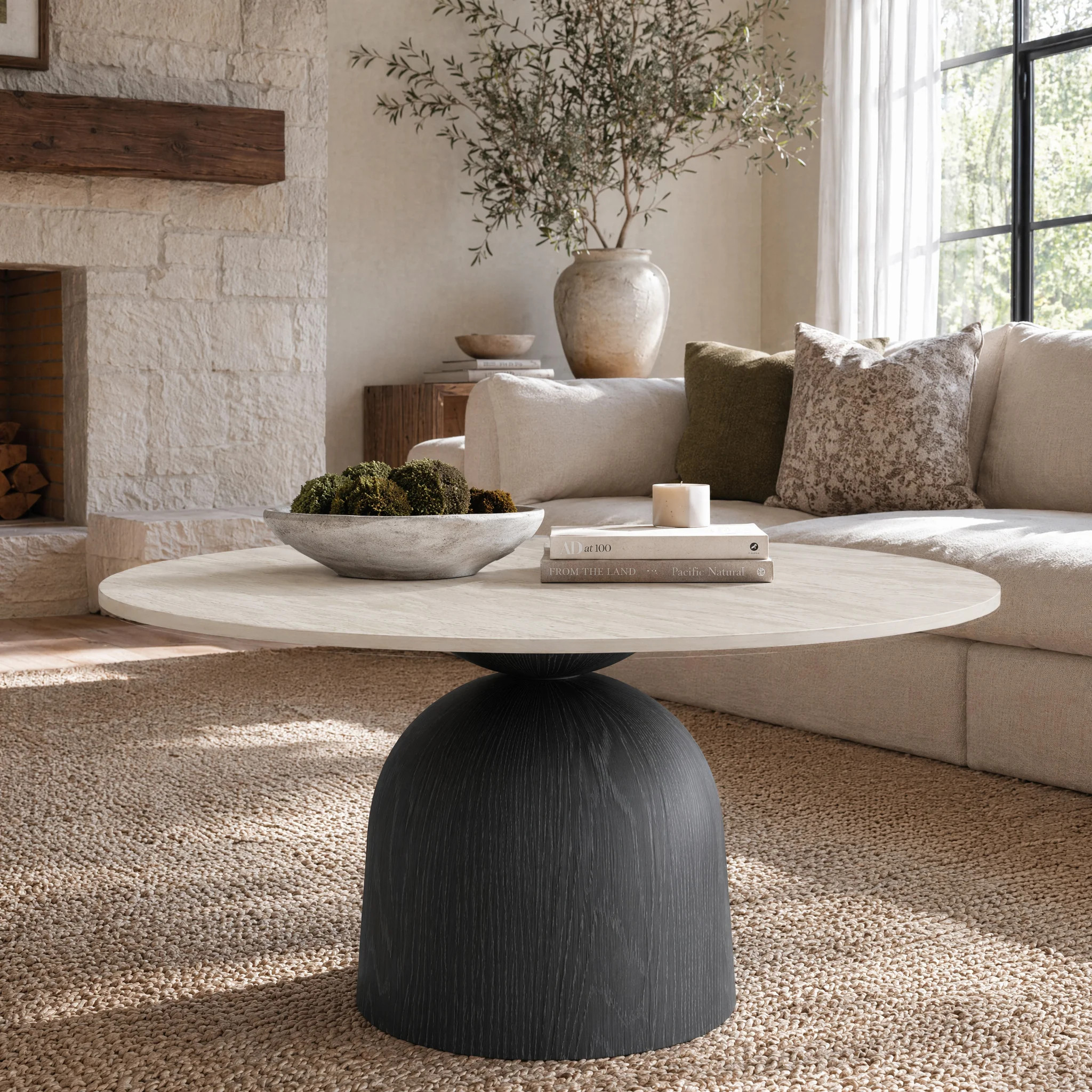 Round Stone Coffee Table With Walnut Solid Wood Pedestal For Living Room & Home Decor | Wayfair North America