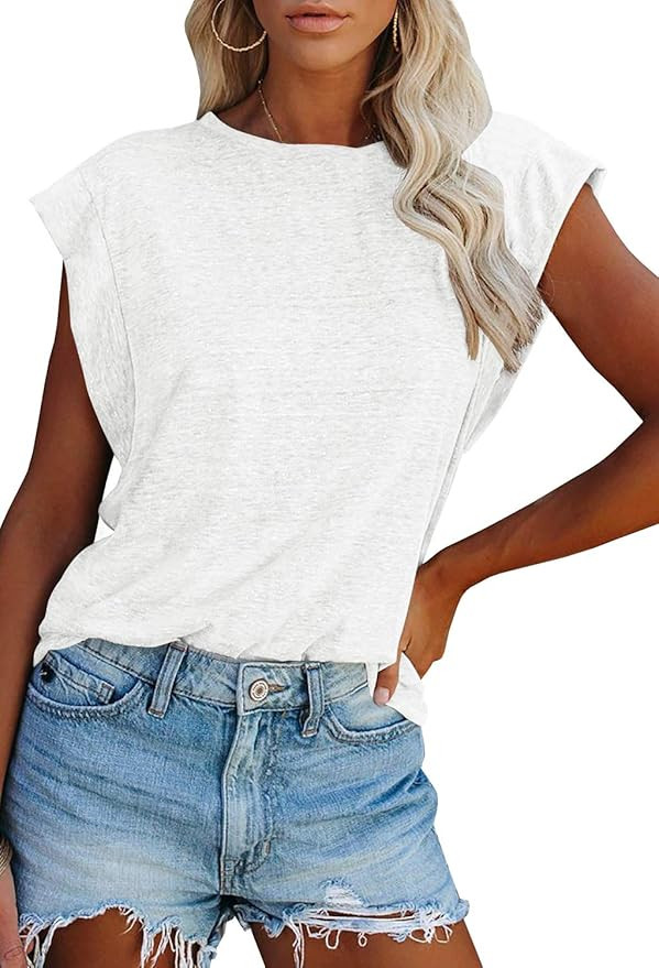 FISACE Womens Summer Crew Neck Cap Sleeve Tank Tops Casual Loose Fit Basic Shirts Blouses | Amazon (US)