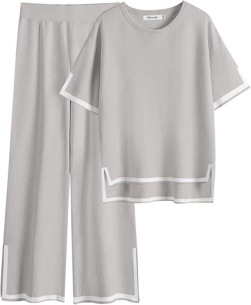 Caracilia Womens Two Piece Outfits 2024 Summer Knit Sweater Sets Short Sleeve Lounge Matching Set... | Amazon (US)