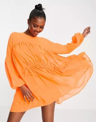 ASOS DESIGN neon oversized mini smock dress with gathered waist in orange | ASOS (Global)
