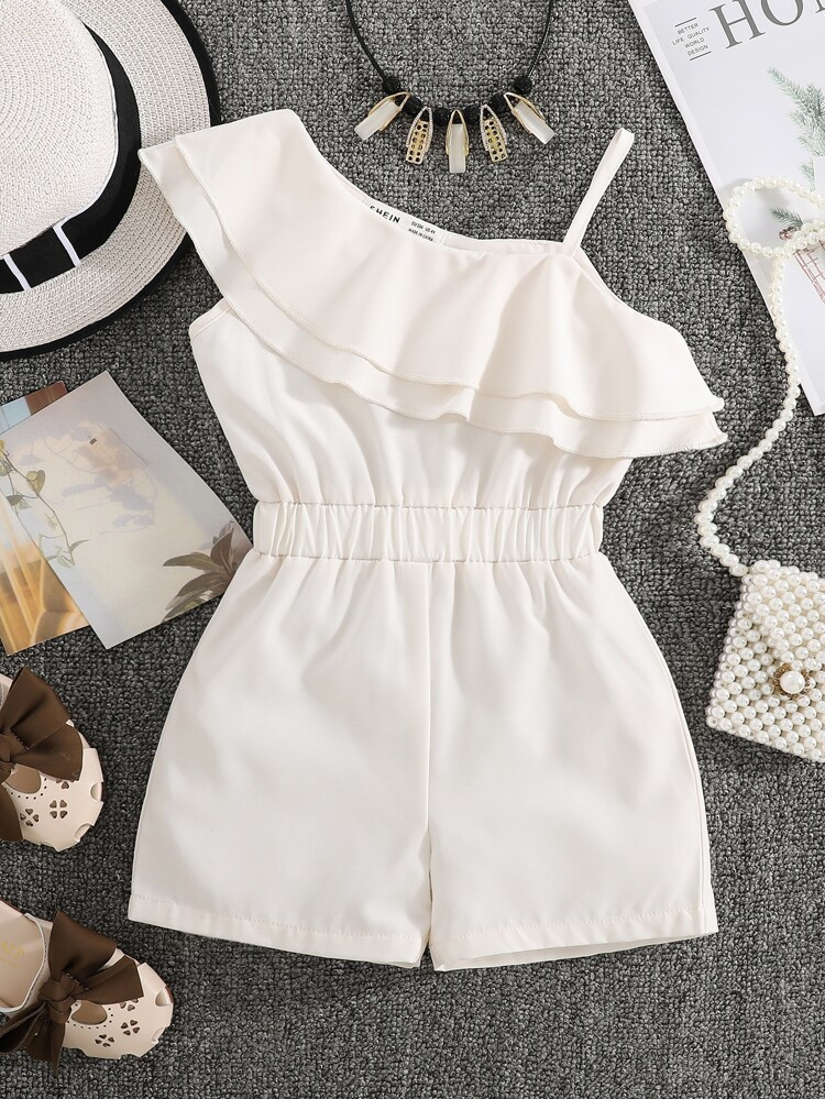 Toddler Girls Ruffle Trim Asymmetrical Neck Romper | SHEIN