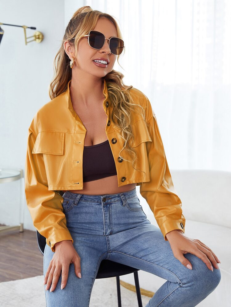 SHEIN Flap Detail Mock Neck Crop Jacket | SHEIN