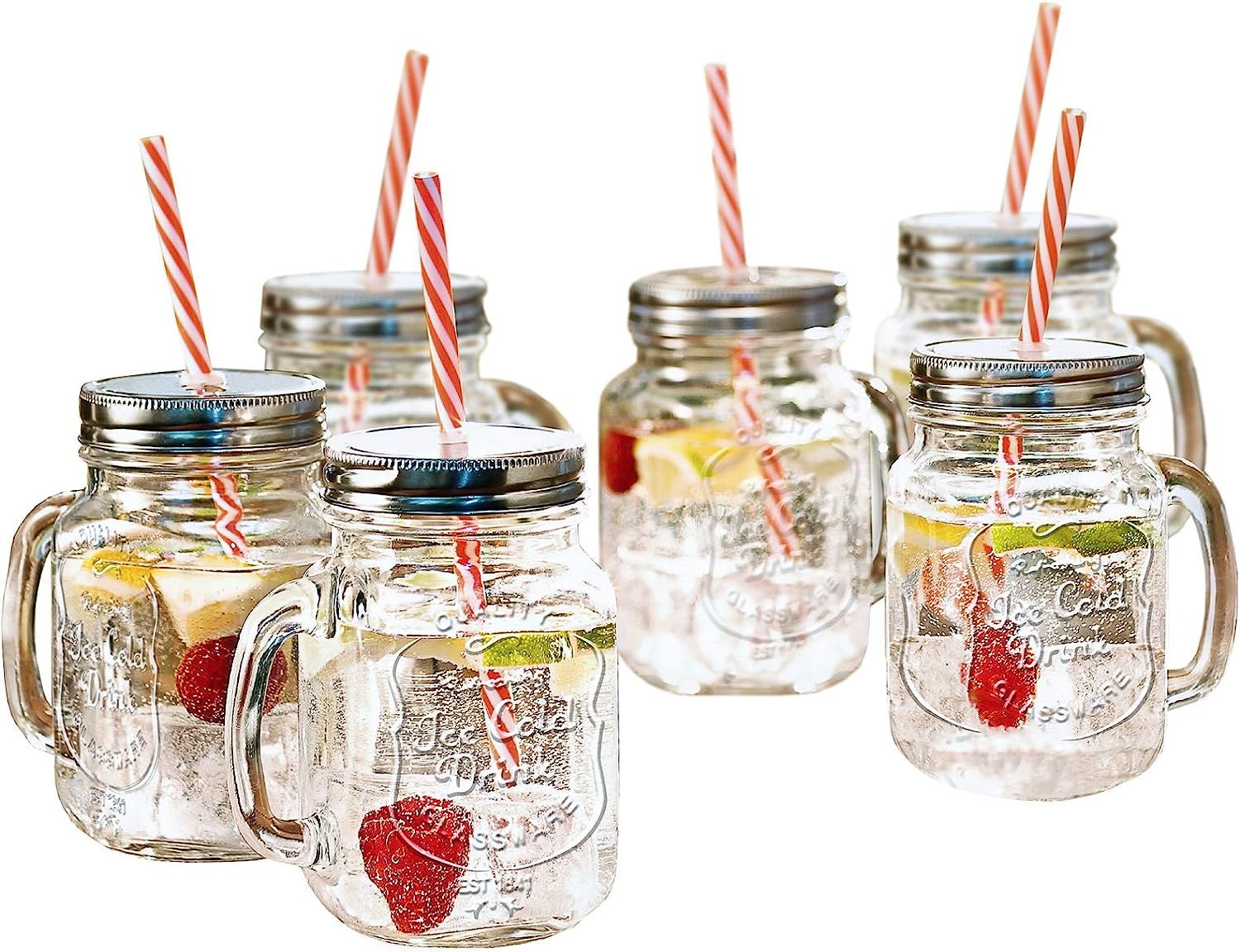 Estilo Mason Jar Mugs with Handle and Straws Old Fashioned Drinking Glass Set 6, 16 oz Each | Amazon (US)