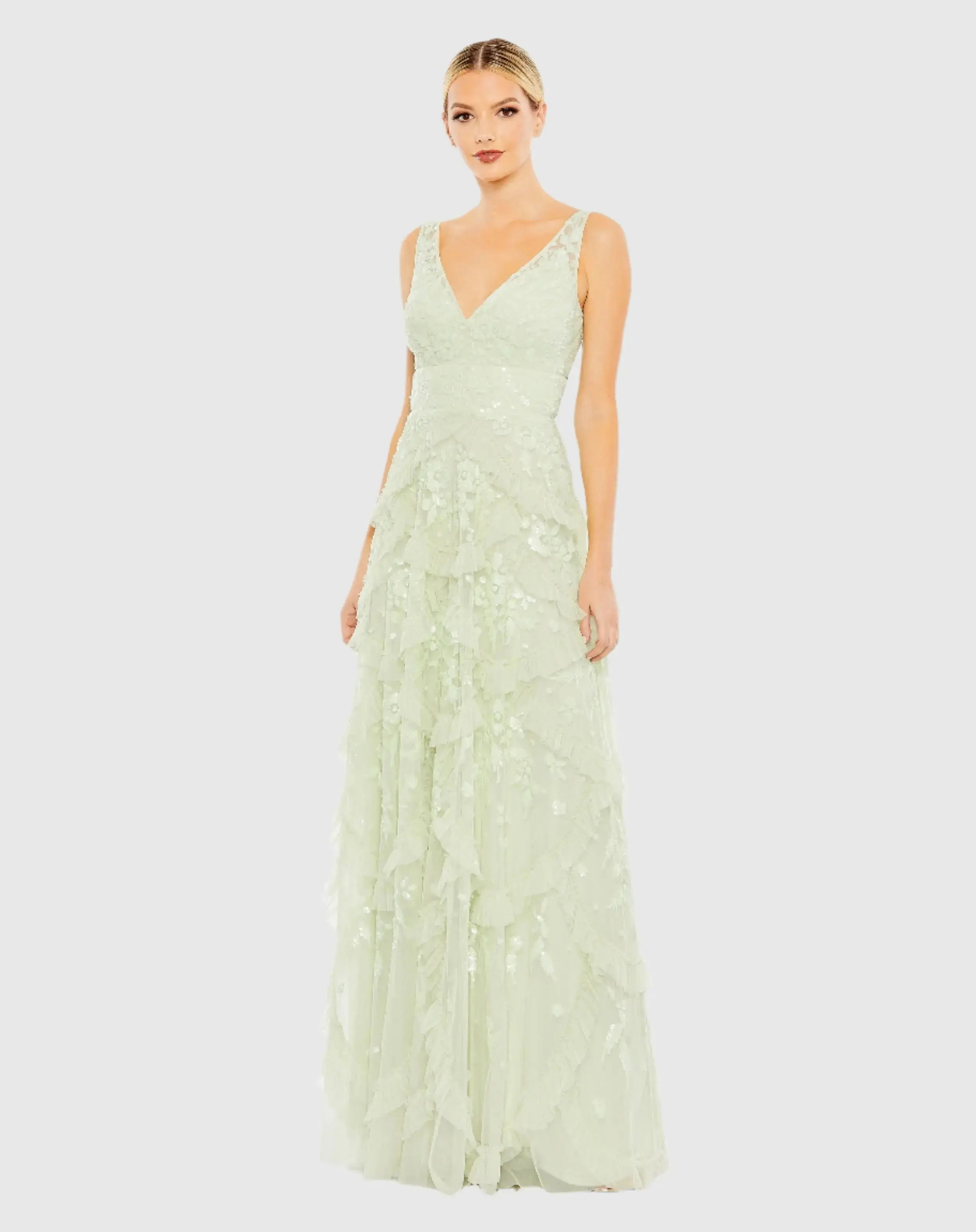 Green Sequined Scallop Ruffle Tiered V-Neck Gown - Mac Duggal | Mac Duggal