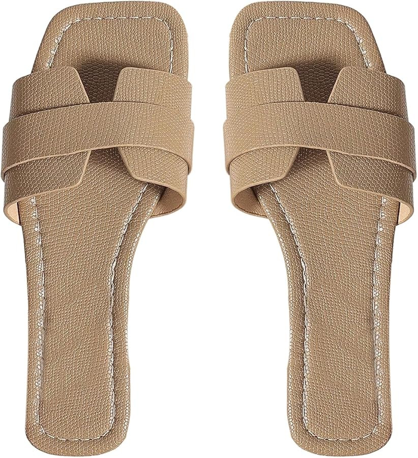 OYOANGLE Women's PU Leather Dressy Flat Sandals Square Open Toe Slip on Summer Slide Shoes | Amazon (US)