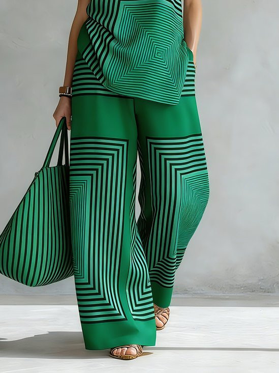 Urban Geometric Stripe Wide Leg Pants High Waist Flowy Office Trousers | Stylewe