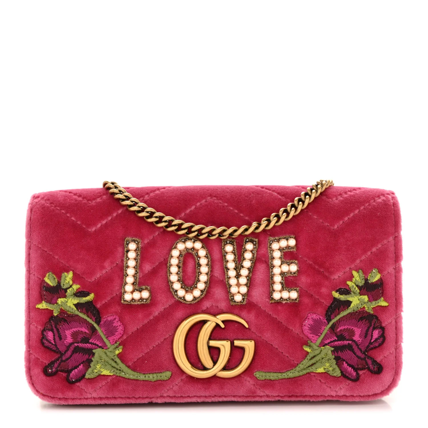 Velvet Matelasse Love Embroidered GG Marmont Mini Bag Light Raspberry Rose | FASHIONPHILE (US)
