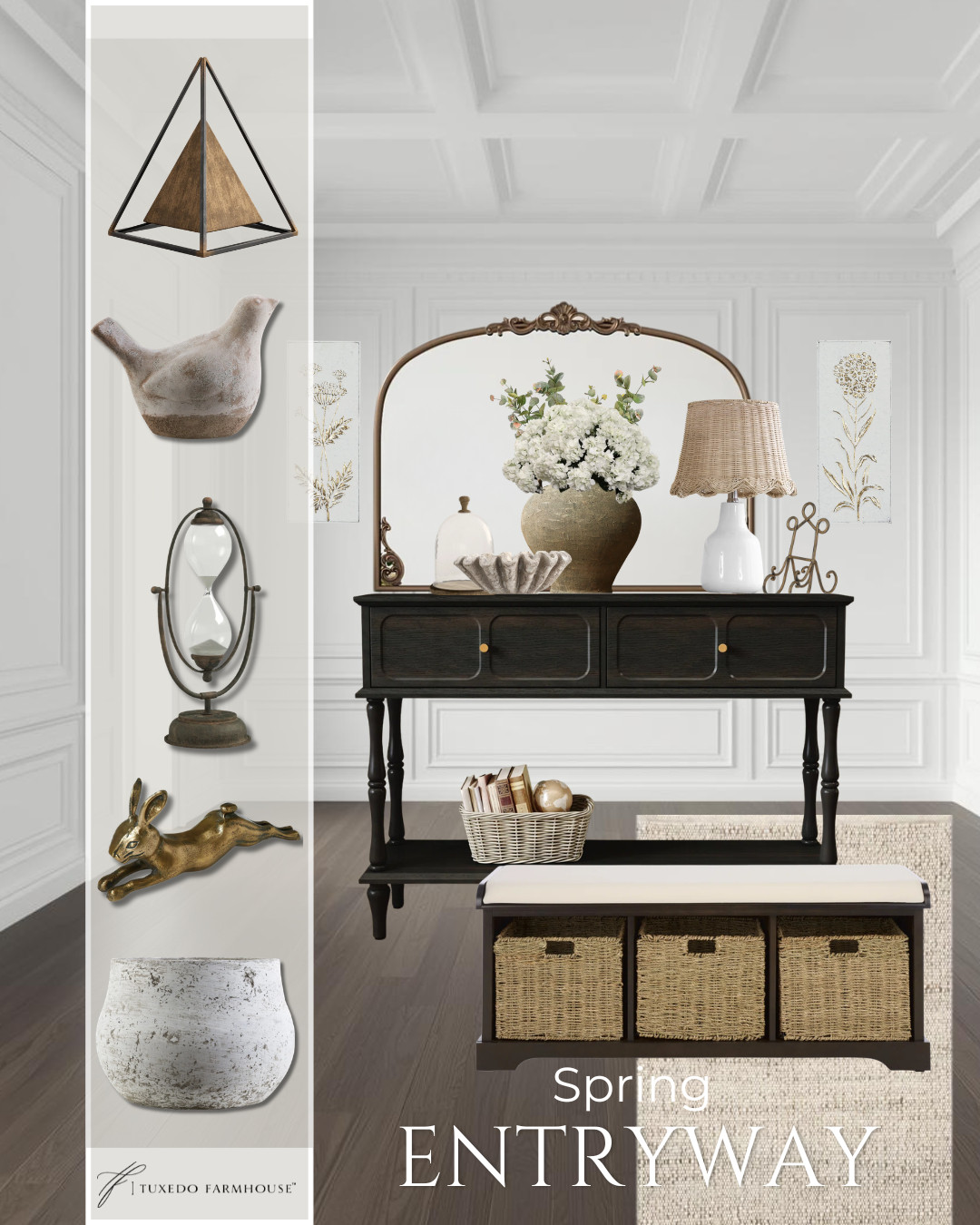 This spring entryway is all about warm woods, soft textures, and collected details that feel both timeless and curated. The dark console grounds the space beautifully while woven baskets + natural fibers bring in that light, airy feel for the season. 

 #LTKhome #LTKspring #entrywaydecor #neutralhome #farmhousestyle #collectedhome #wayfairfinds