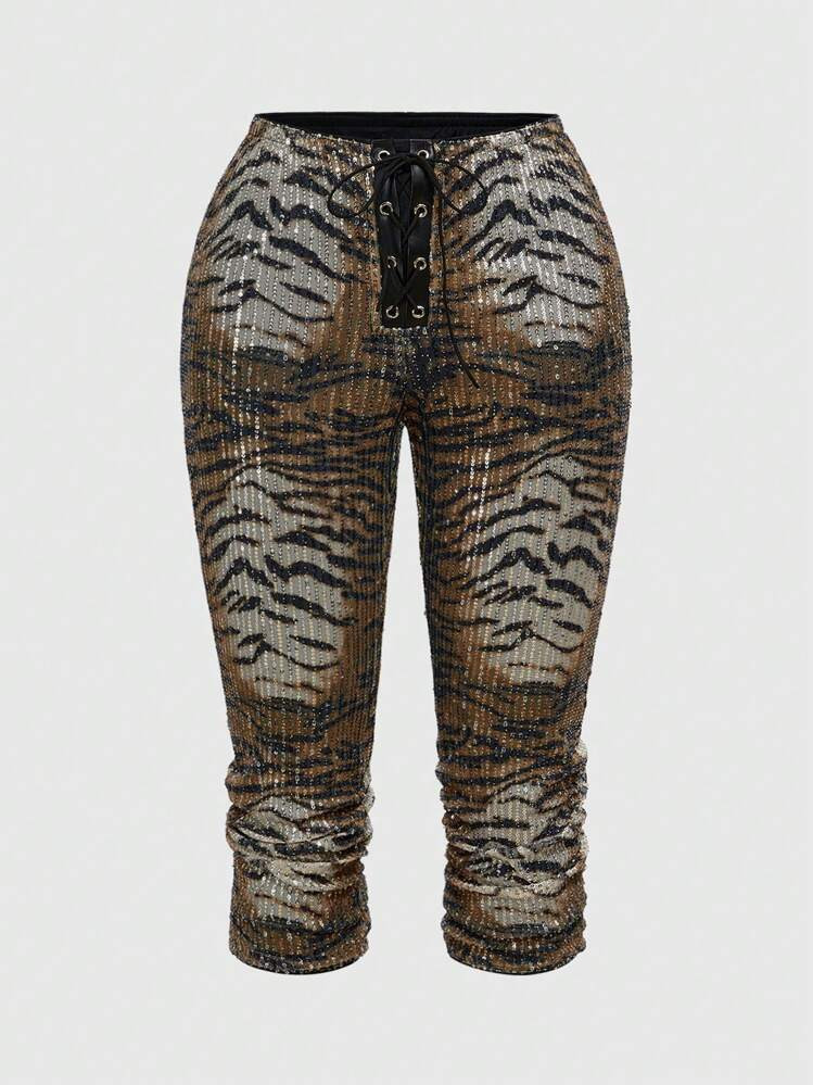 ROMWE J-Fashion Plus Size Vintage Low Waist Leopard Print Sequin Lace Up Capri Pants For Women | SHEIN