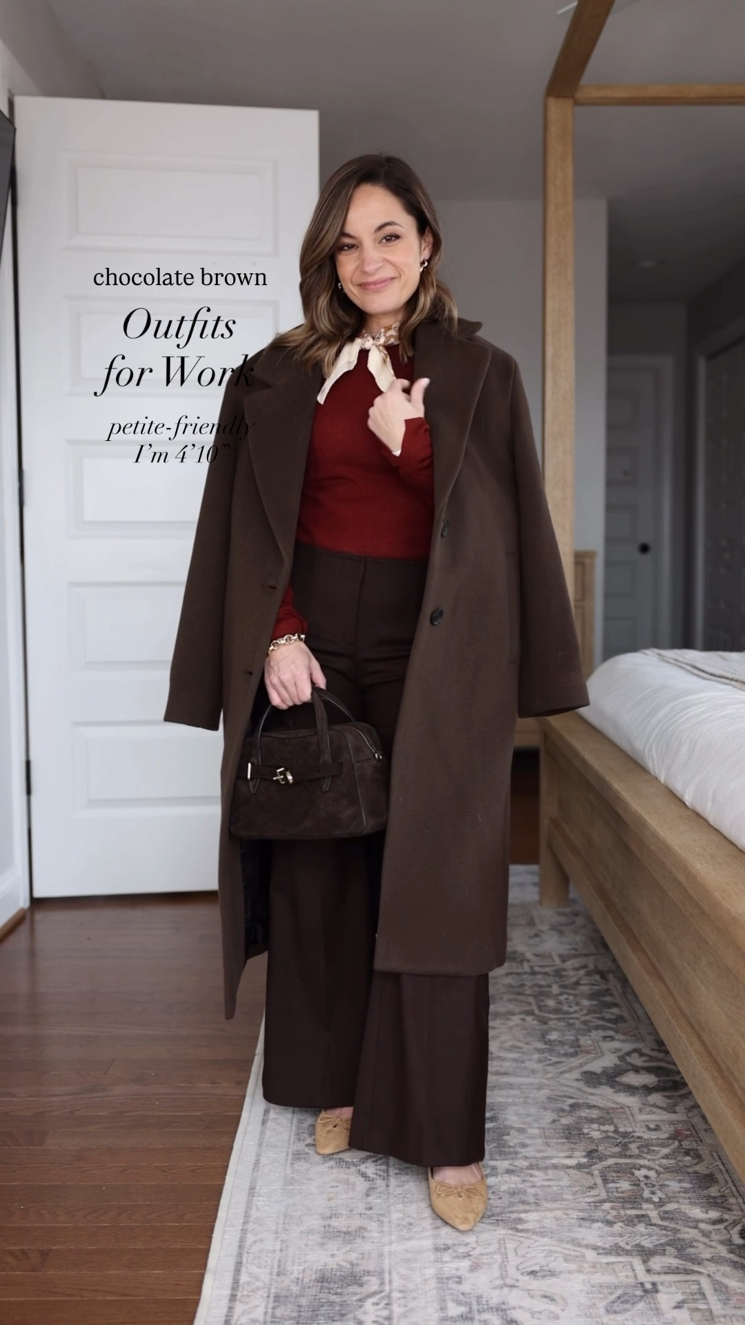 Chocolate brown outfits for work! 

Pants (Banana Republic): petite 0 - 9.25” rise, 28” inseam in petite. I recommend a size up (shown in petite 00, but they’re too snug on me). No stretch, wool blend. 

Outfit 1 
Top (Madewell): xxs 
Shoes (Sam Edelman): tts 
Coat (Aritzia): xxs short 
Scarf (Sezane) 
Bag (Madewell)

Outfit 2 
Turtleneck (Nordstrom): xs - sheer 
Cardigan (Quince): sold out but linking a similar option 
Shoes (Sam Edelman): tts 

Outfit 3 
Blazer (J.Crew): Petite 00 
White top (Quince): xs 
Shoes (Sam Edelman): tts in French sand 

Outfit 4 
Sweater (Quince): xs in teak 
Jacket (J.Crew): 00 
Shoes (Sam Edelman): tts 
Bag (Quince) 

My measurements for reference: I’m 4’10” and 105lbs. My bust, waist, and hip measurement is 32”, 24”, and 36”.

#LTKWorkwear #LTKPetite