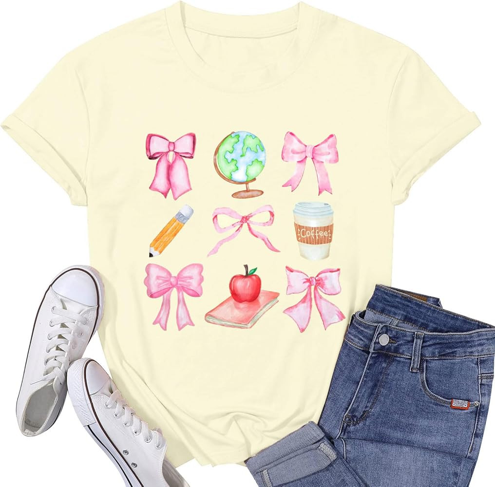 Teacher Shirts Womens Bow Teacher Graphic Tees Cute Teacher Appreciation Gifts Shirt Summer Casua... | Amazon (US)