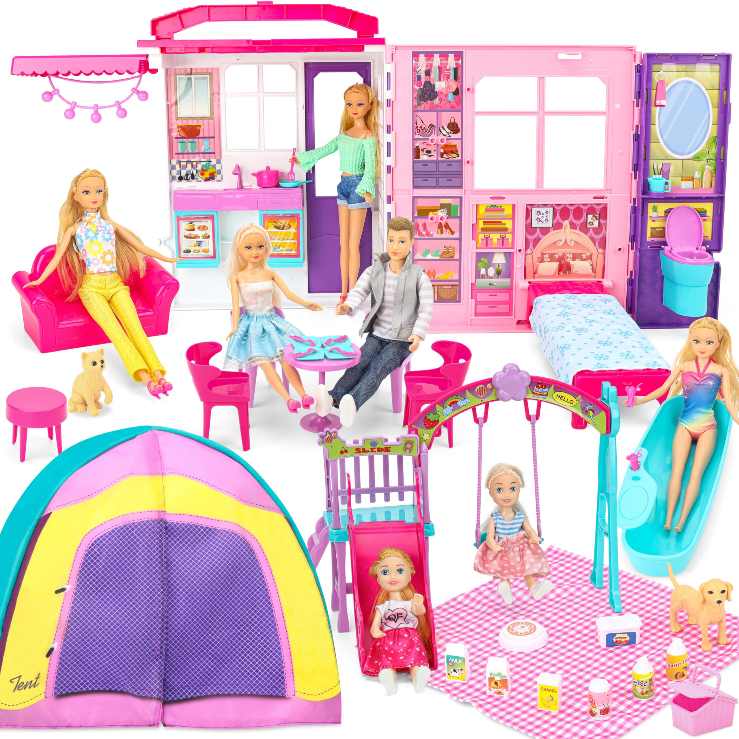Doll House Portable & Foldable Dollhouse w/ 60+ Pcs & 2 Dolls, Play House Toy with Bedroom Kitche... | Amazon (US)