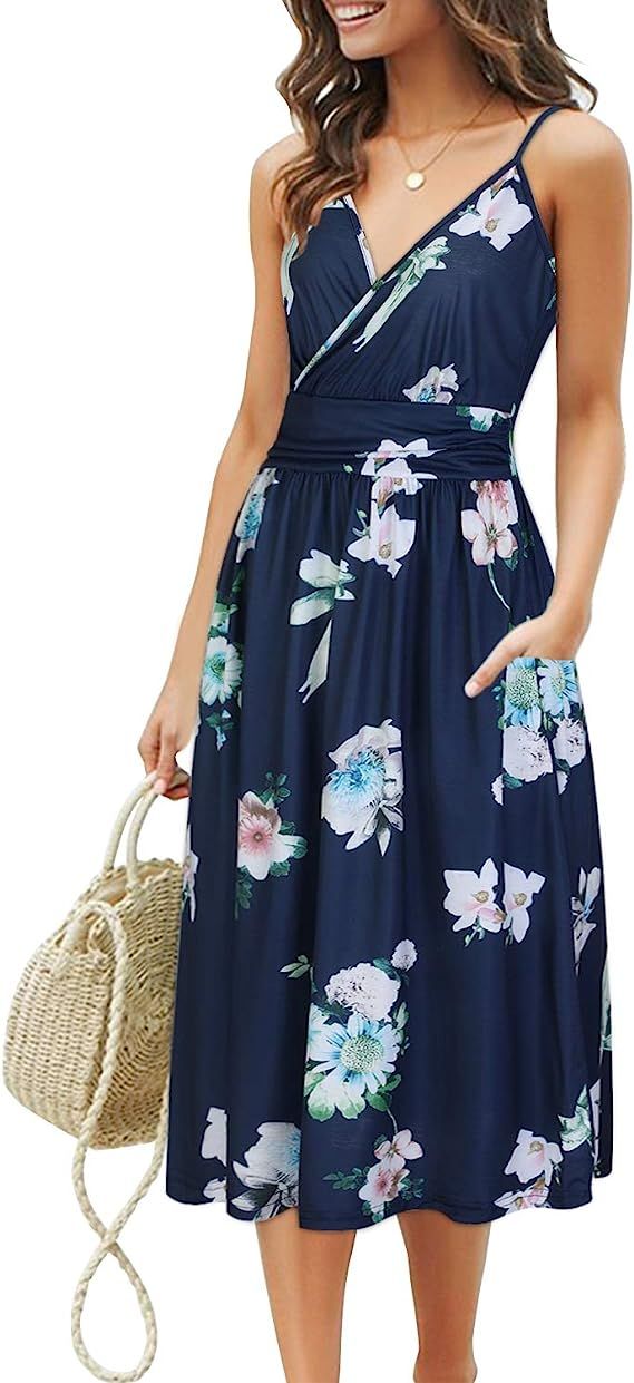 OUGES Women's Summer Short Sleeve V-Neck Floral Short Party Dress with Pockets | Amazon (US)