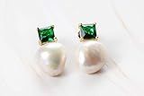 Baroque pearl earrings with green or blue cubic or aqua zircon, Vintage Pearl Earrings, Dainty drop  | Amazon (US)