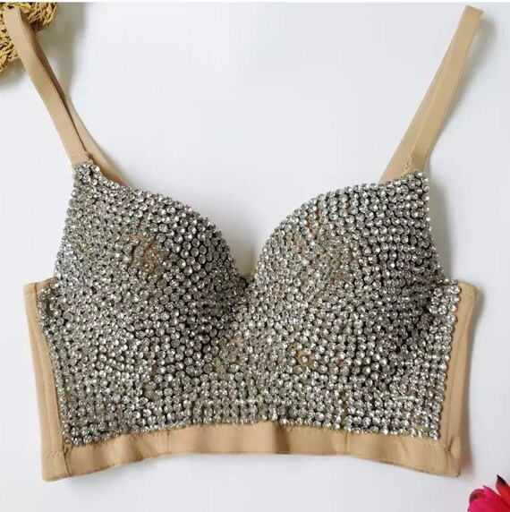 Diamond embellished crystal rhinestone Nude/Beige bustier bralette corset bridal bachelorette wed... | Etsy (US)