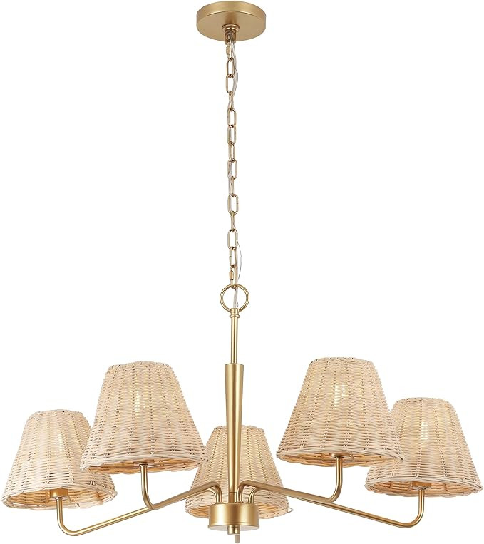 JONATHAN Y JYL1611A Libby 30" 5-Light Modern Coastal Sleek Woven Rattan/Iron LED Chandelier for D... | Amazon (US)