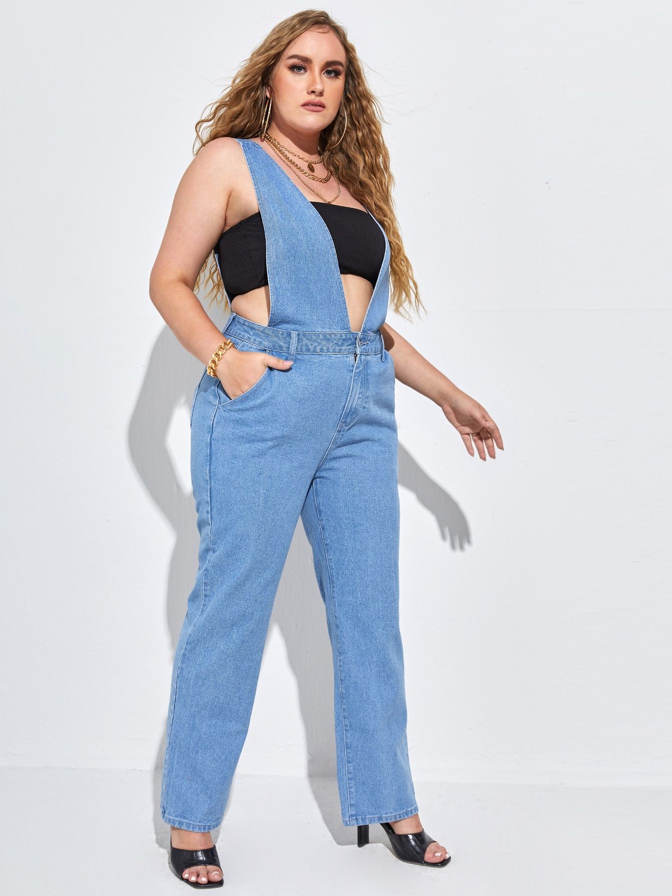 Plus Plunging Neck Denim Jumpsuit Without Tube | SHEIN