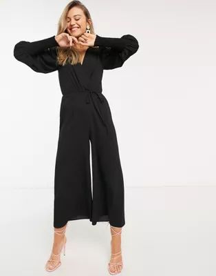 ASOS DESIGN wrap shirred sleeve jumpsuit in black | ASOS (Global)